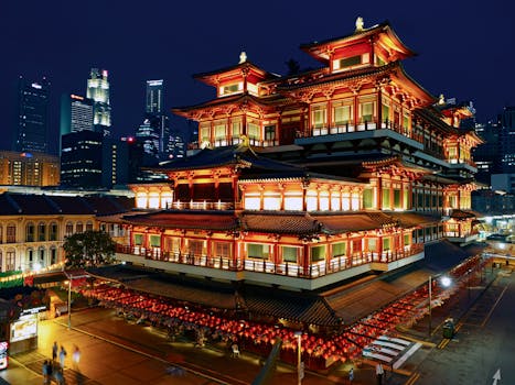 Night view of the beautifully lit Buddha Tooth Relic Temple in Singapore's Chinatown.